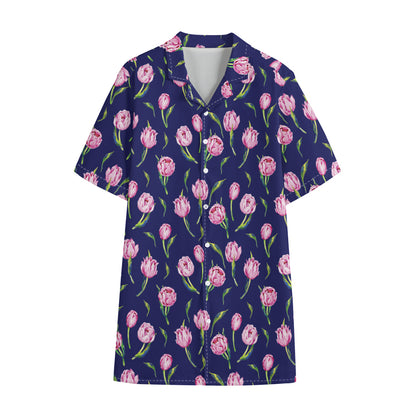 Pink Watercolor Tulip Flower Print Cotton Hawaiian Shirt