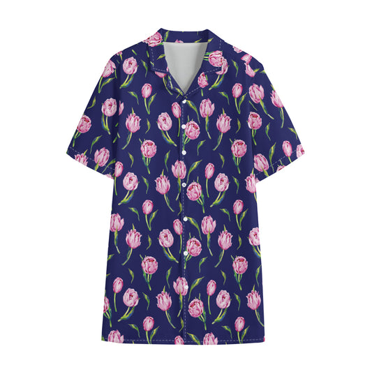 Pink Watercolor Tulip Flower Print Cotton Hawaiian Shirt