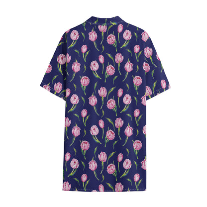 Pink Watercolor Tulip Flower Print Cotton Hawaiian Shirt