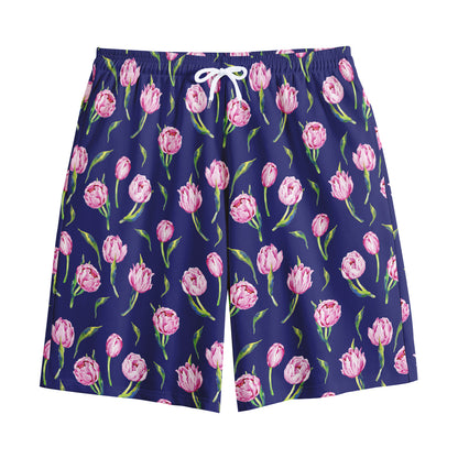 Pink Watercolor Tulip Flower Print Cotton Shorts