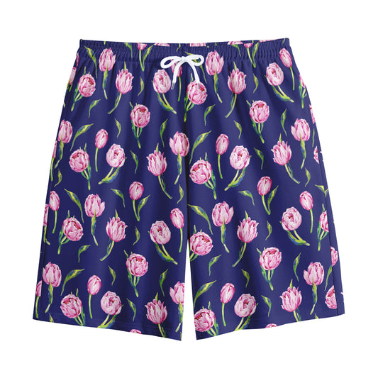 Pink Watercolor Tulip Flower Print Cotton Shorts