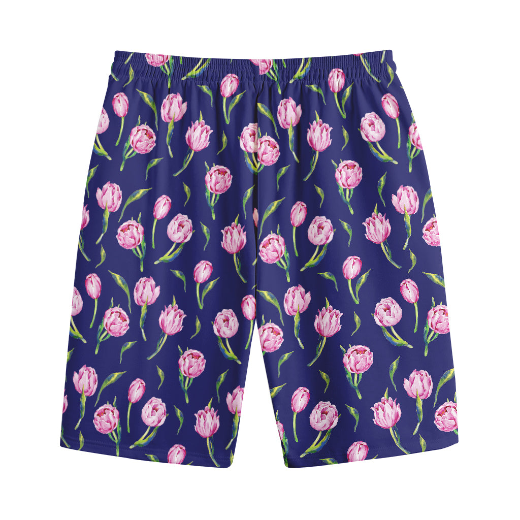 Pink Watercolor Tulip Flower Print Cotton Shorts