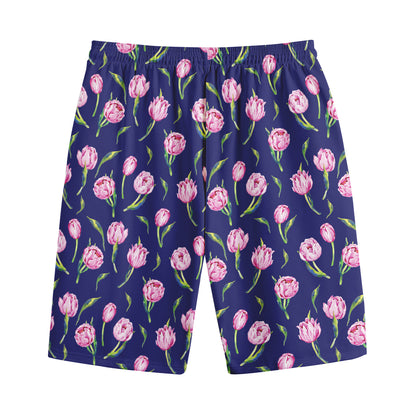 Pink Watercolor Tulip Flower Print Cotton Shorts