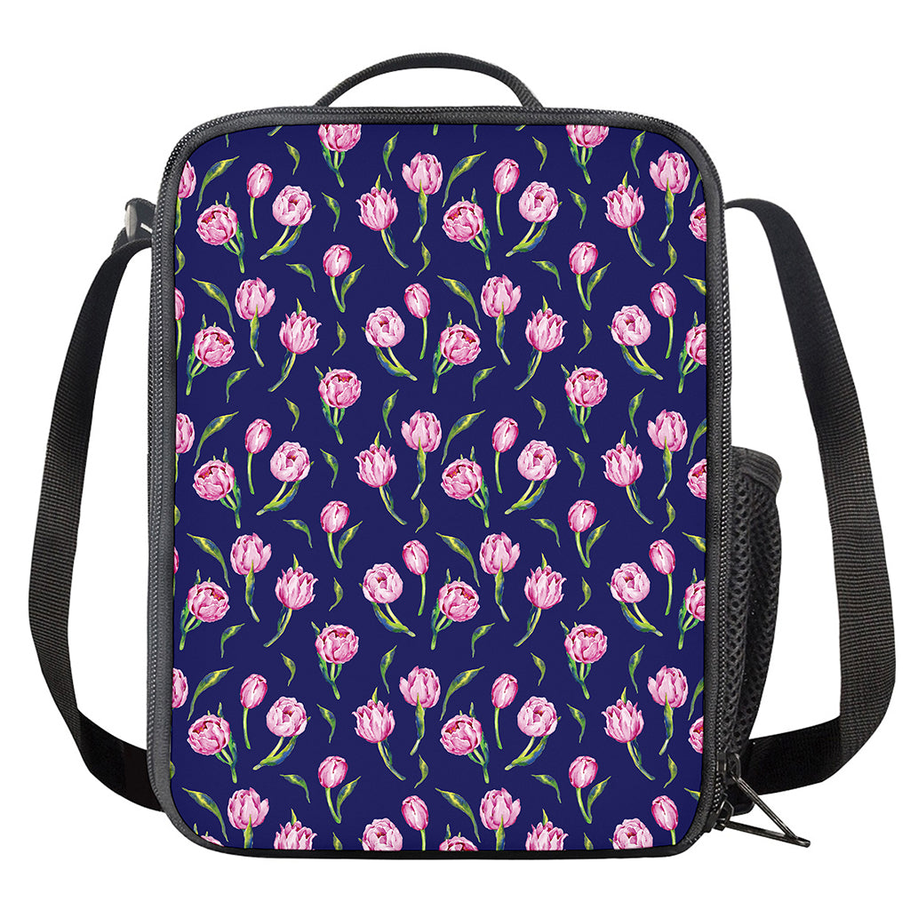 Pink Watercolor Tulip Flower Print Crossbody Lunch Bag