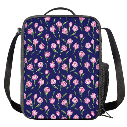 Pink Watercolor Tulip Flower Print Crossbody Lunch Bag