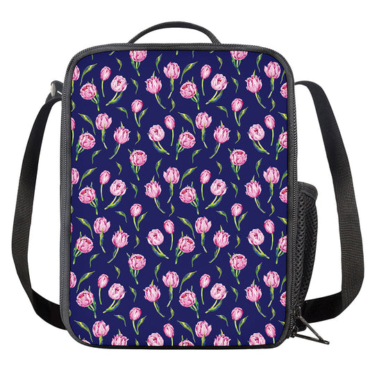 Pink Watercolor Tulip Flower Print Crossbody Lunch Bag