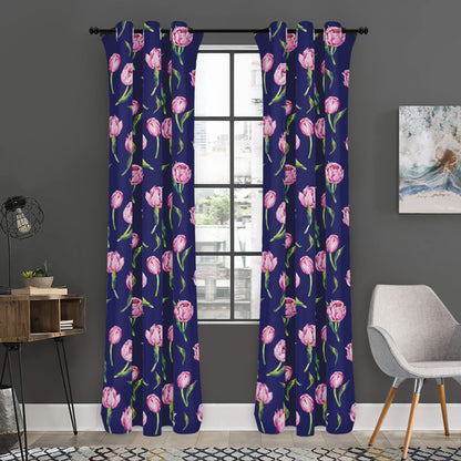 Pink Watercolor Tulip Flower Print Curtain