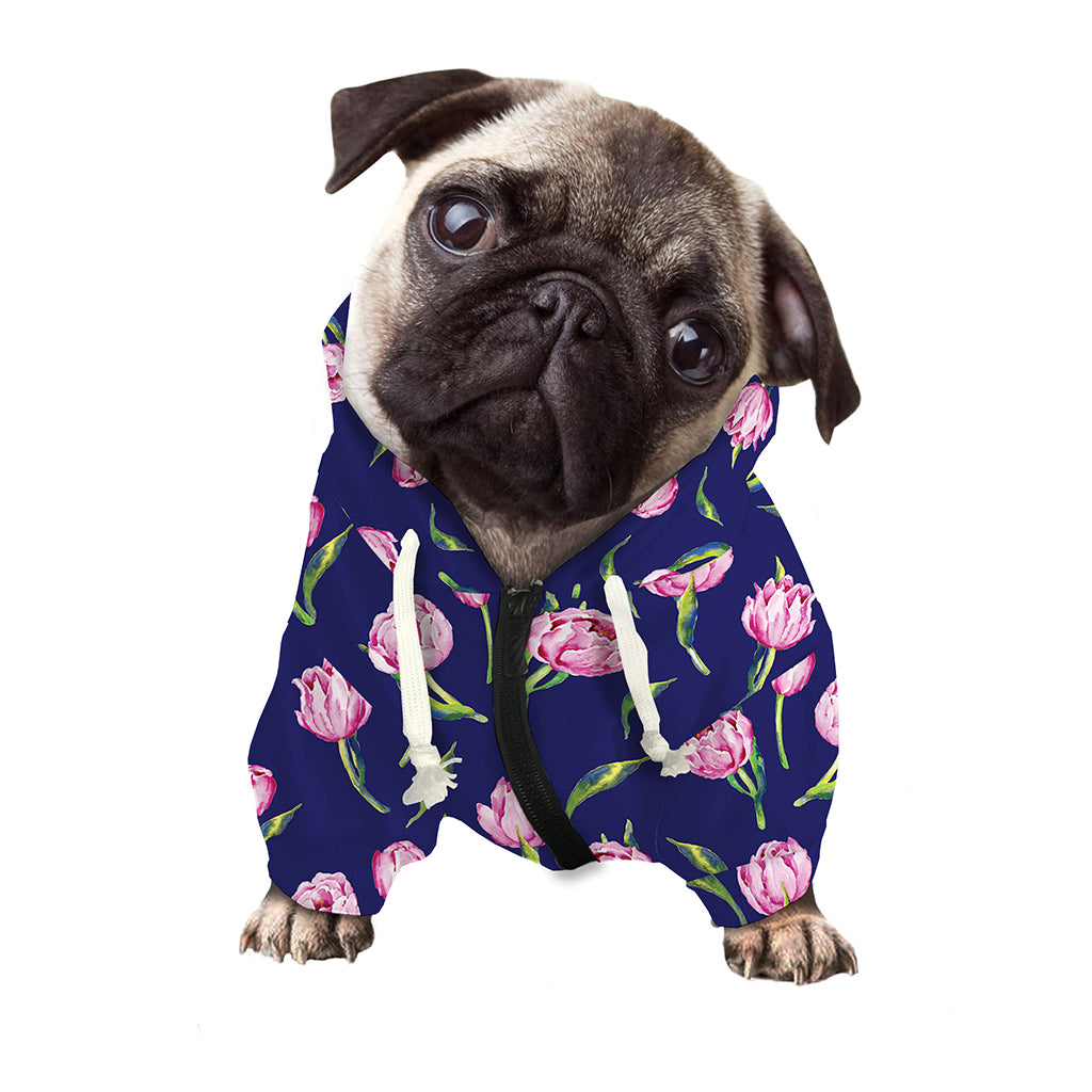 Pink Watercolor Tulip Flower Print Dog Zip Up Hoodie