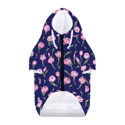 Pink Watercolor Tulip Flower Print Dog Zip Up Hoodie