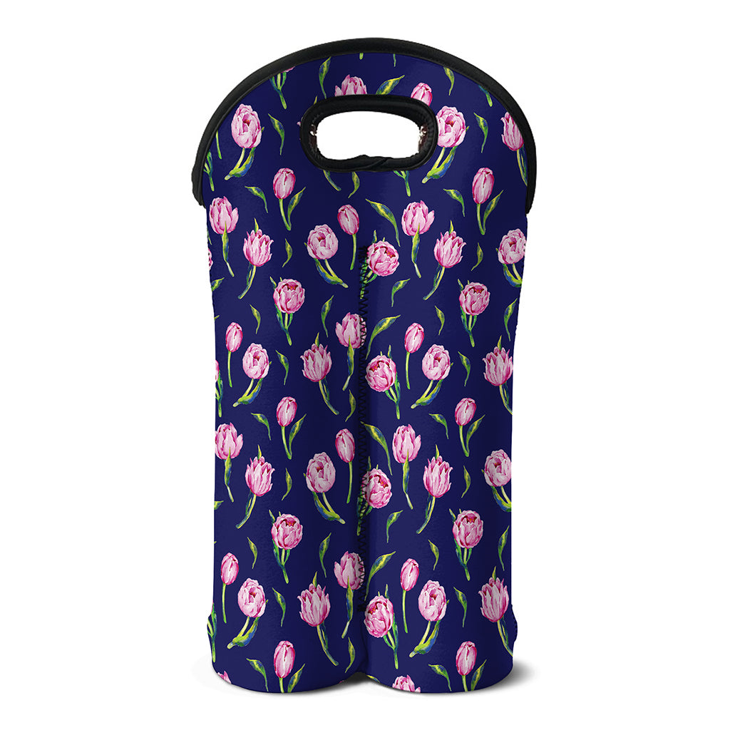 Pink Watercolor Tulip Flower Print Double Neoprene Wine Tote