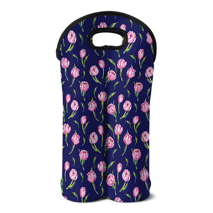 Pink Watercolor Tulip Flower Print Double Neoprene Wine Tote