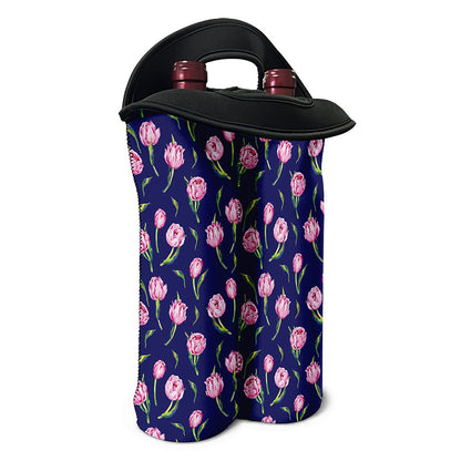 Pink Watercolor Tulip Flower Print Double Neoprene Wine Tote