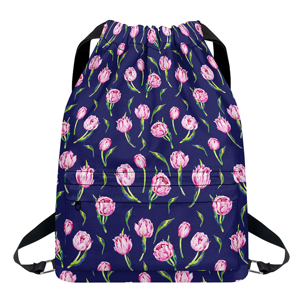 Pink Watercolor Tulip Flower Print Drawstring Backpack