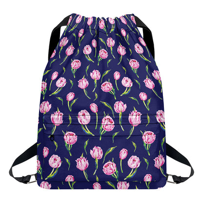 Pink Watercolor Tulip Flower Print Drawstring Backpack
