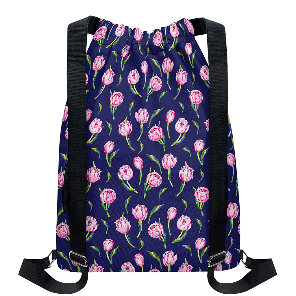 Pink Watercolor Tulip Flower Print Drawstring Backpack