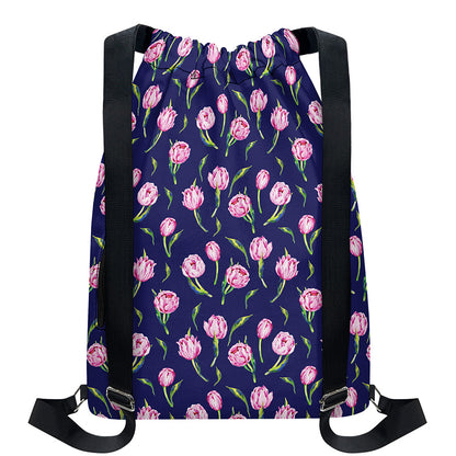 Pink Watercolor Tulip Flower Print Drawstring Backpack