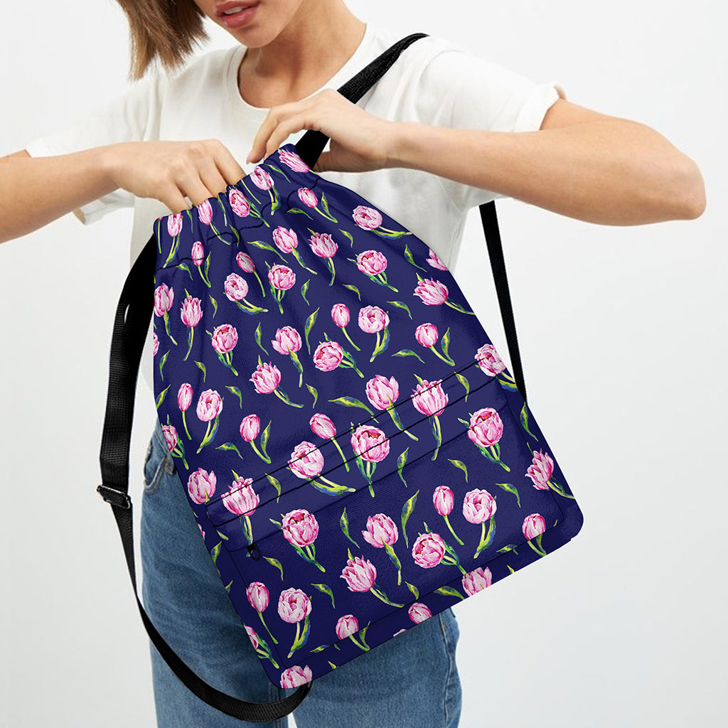 Pink Watercolor Tulip Flower Print Drawstring Backpack