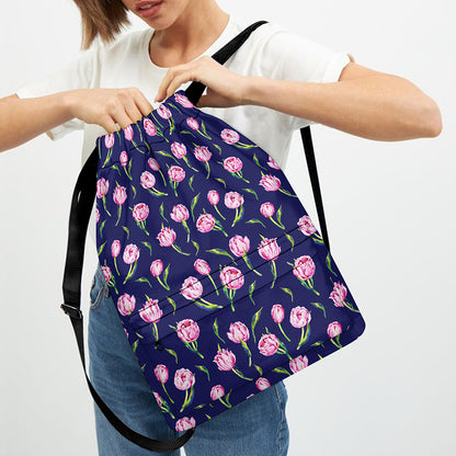 Pink Watercolor Tulip Flower Print Drawstring Backpack