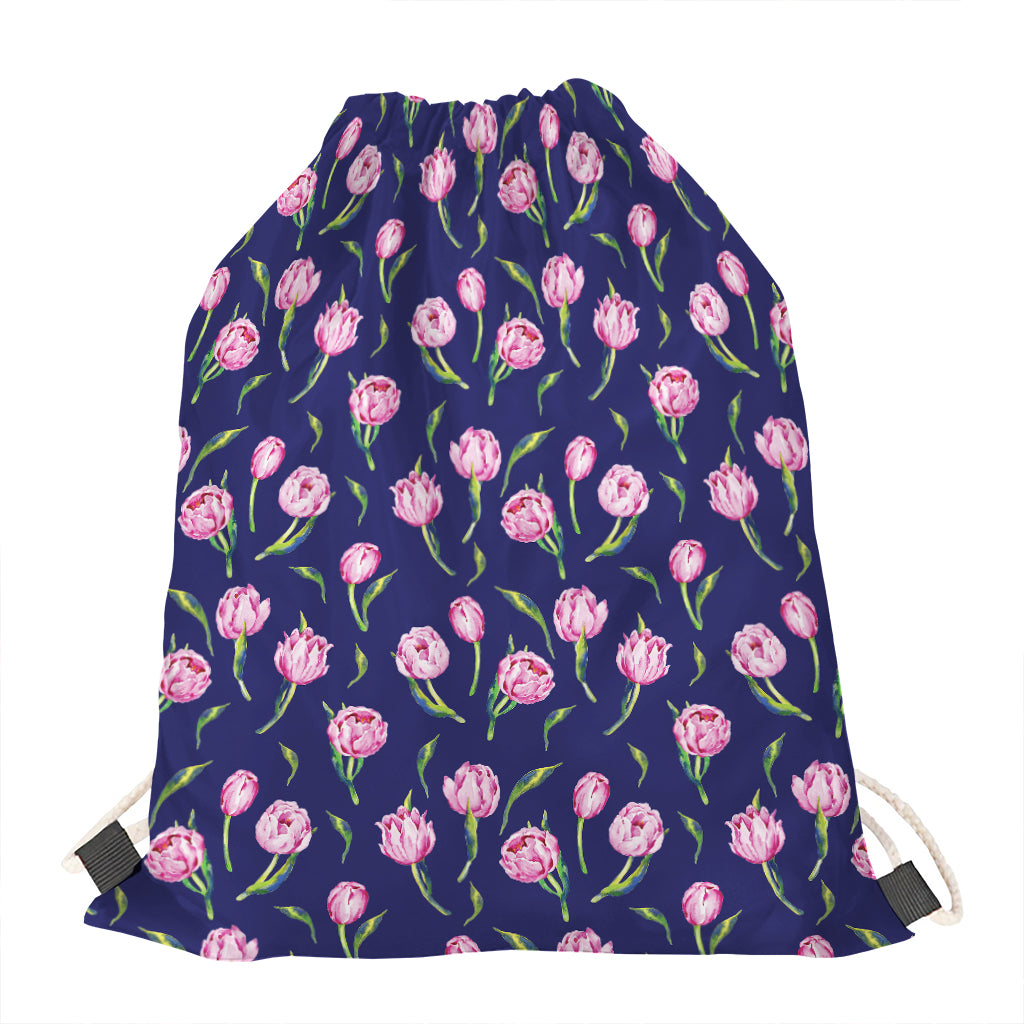 Pink Watercolor Tulip Flower Print Drawstring Bag