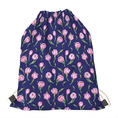 Pink Watercolor Tulip Flower Print Drawstring Bag