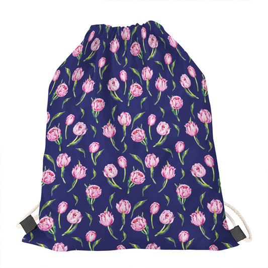 Pink Watercolor Tulip Flower Print Drawstring Bag
