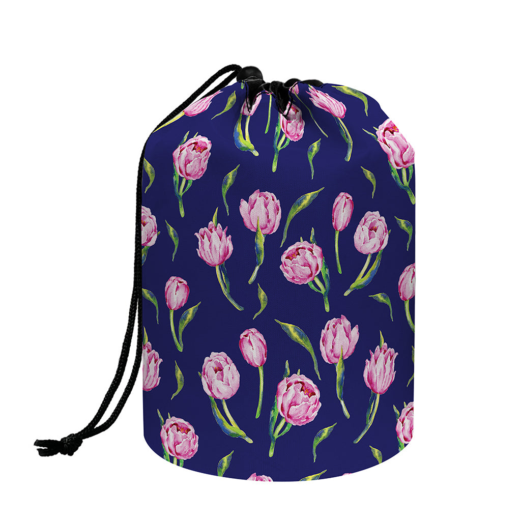 Pink Watercolor Tulip Flower Print Drawstring Makeup Bag