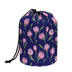 Pink Watercolor Tulip Flower Print Drawstring Makeup Bag