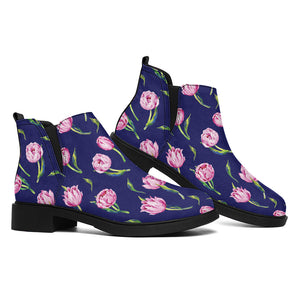 Pink Watercolor Tulip Flower Print Flat Ankle Boots