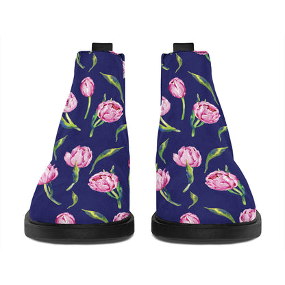 Pink Watercolor Tulip Flower Print Flat Ankle Boots