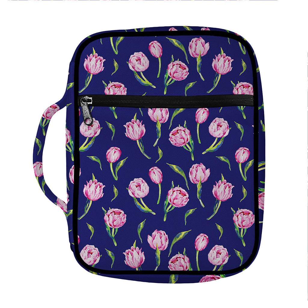 Pink Watercolor Tulip Flower Print Front Pocket Bible Bag