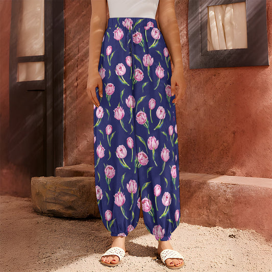 Pink Watercolor Tulip Flower Print Harem Pants