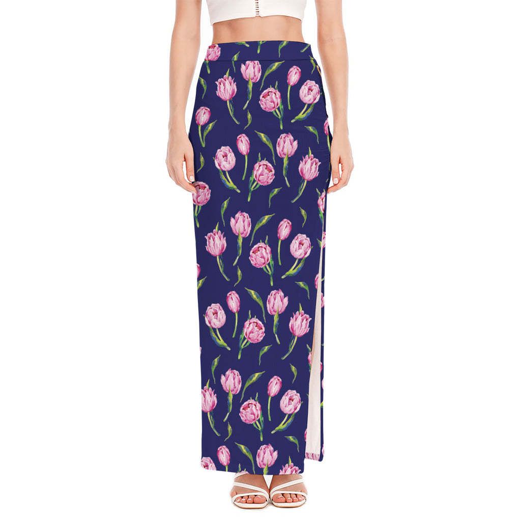 Pink Watercolor Tulip Flower Print High Slit Maxi Skirt