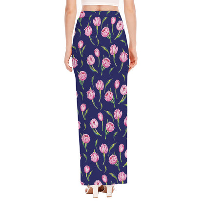 Pink Watercolor Tulip Flower Print High Slit Maxi Skirt