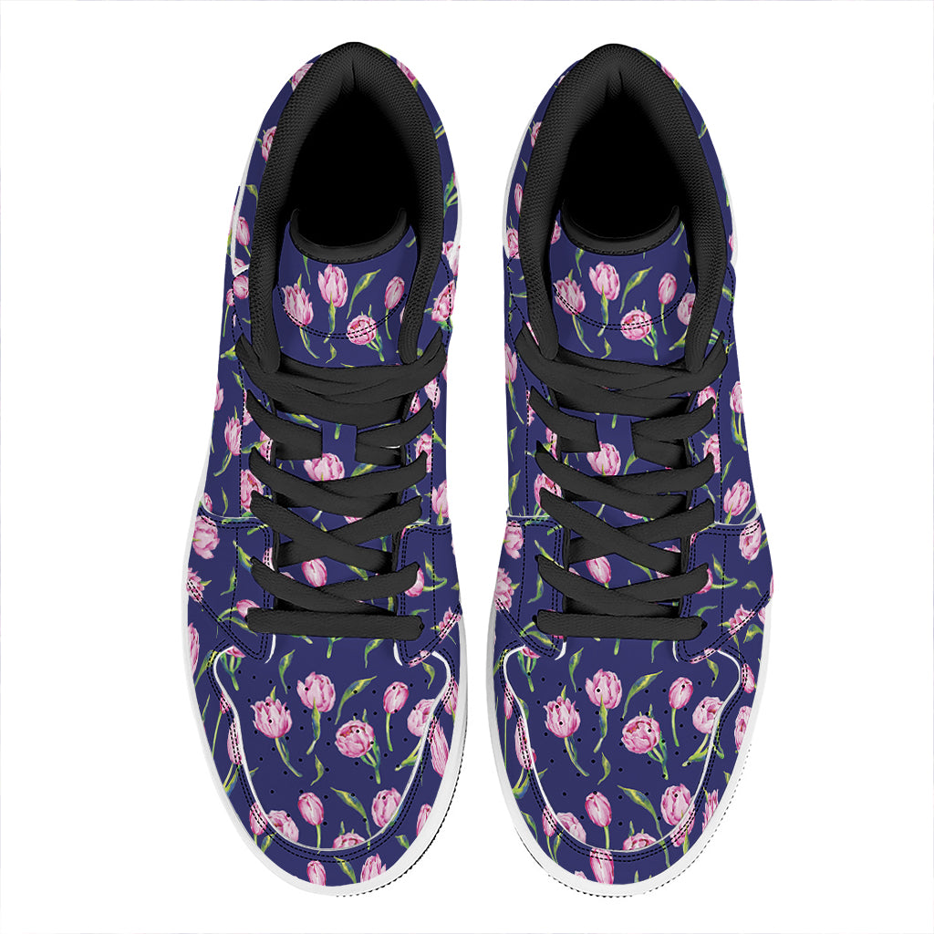 Pink Watercolor Tulip Flower Print High Top Leather Sneakers