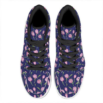 Pink Watercolor Tulip Flower Print High Top Leather Sneakers