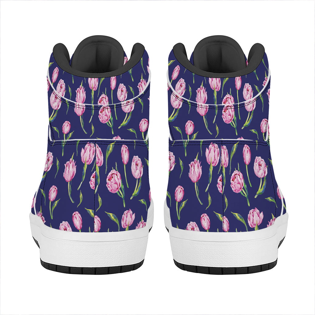 Pink Watercolor Tulip Flower Print High Top Leather Sneakers