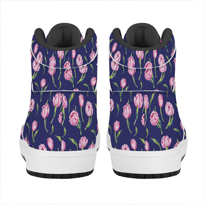 Pink Watercolor Tulip Flower Print High Top Leather Sneakers