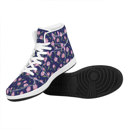 Pink Watercolor Tulip Flower Print High Top Leather Sneakers