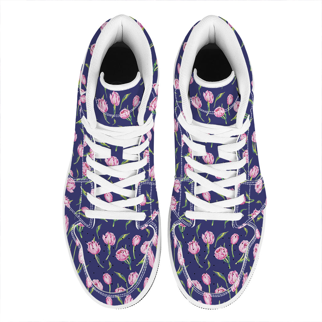 Pink Watercolor Tulip Flower Print High Top Leather Sneakers