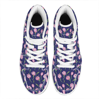 Pink Watercolor Tulip Flower Print High Top Leather Sneakers