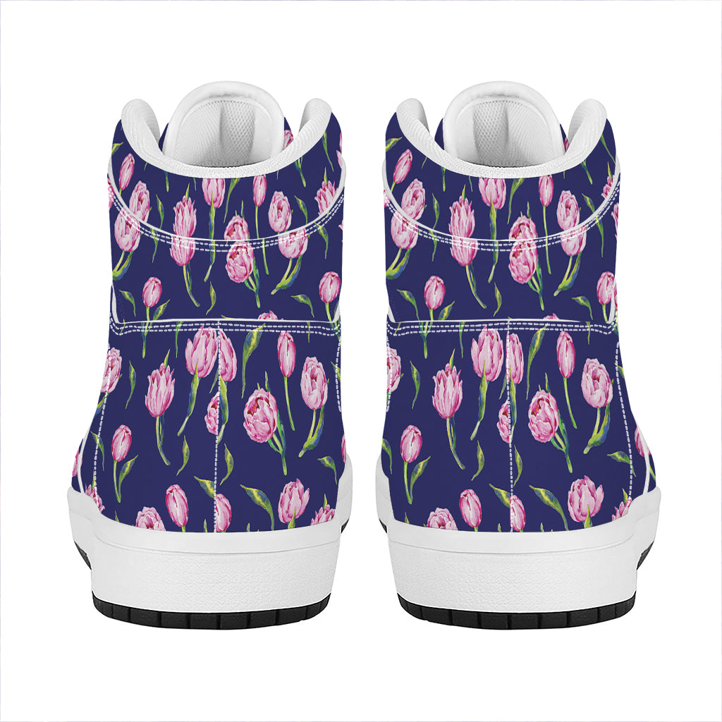 Pink Watercolor Tulip Flower Print High Top Leather Sneakers