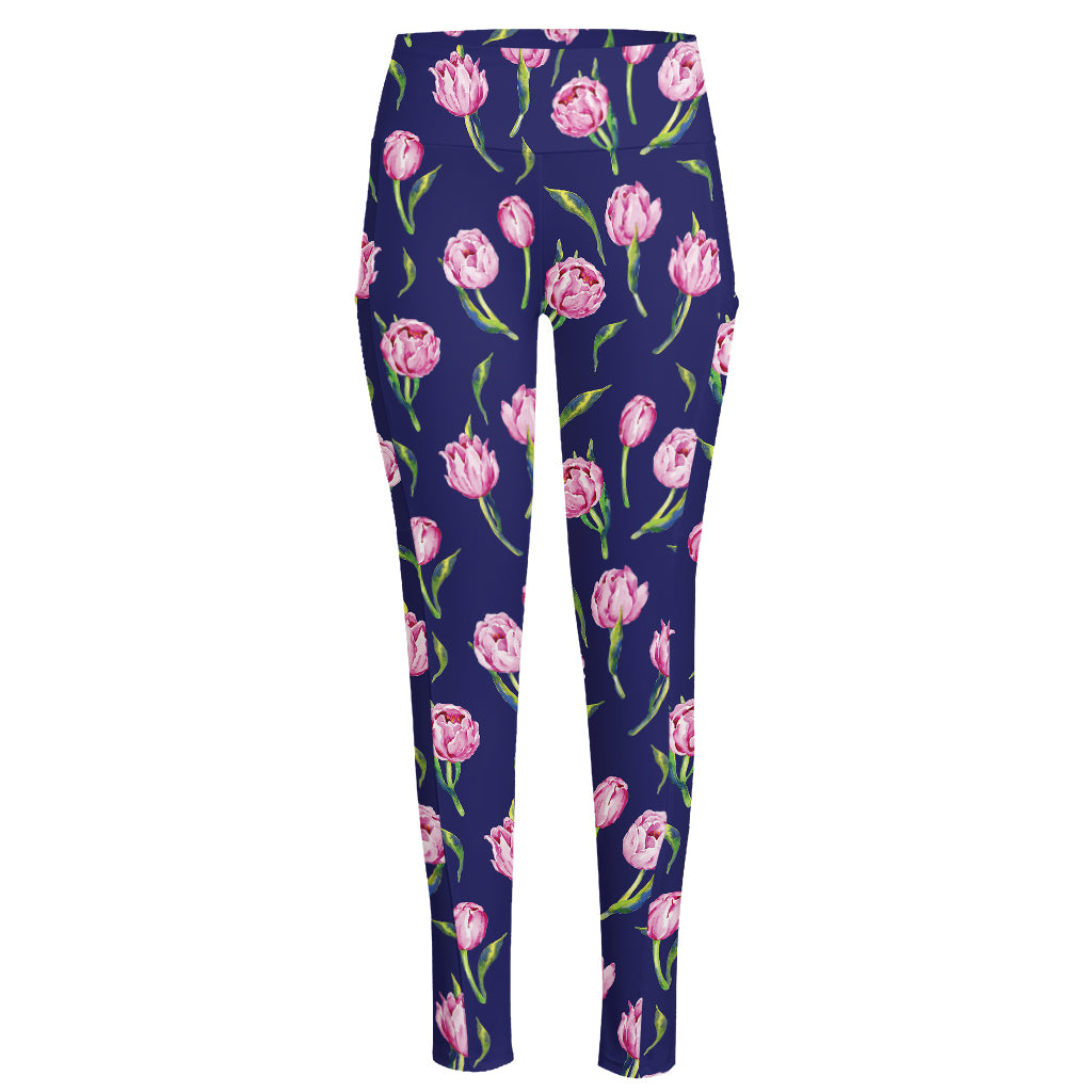 Pink Watercolor Tulip Flower Print High-Waisted Pocket Leggings