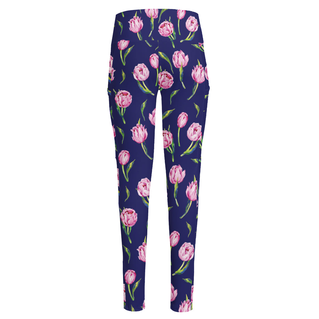 Pink Watercolor Tulip Flower Print High-Waisted Pocket Leggings