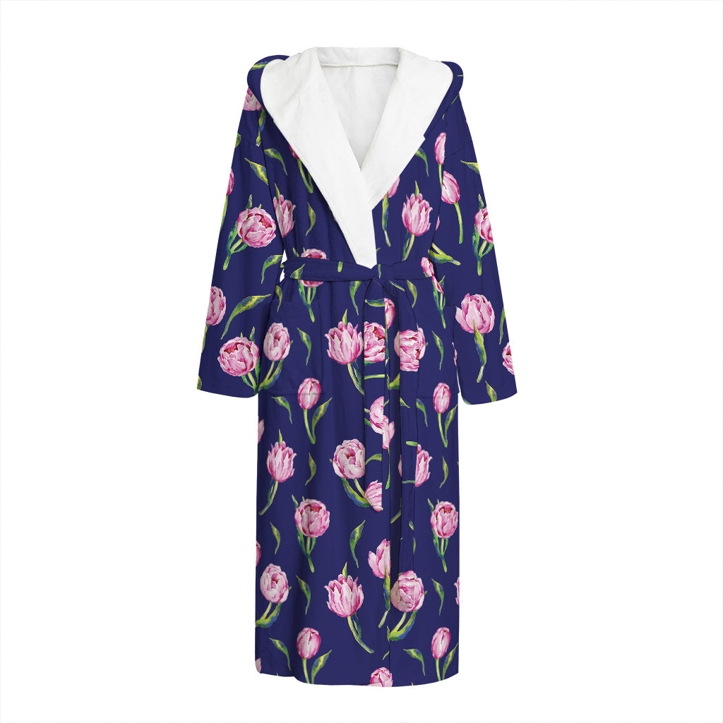 Pink Watercolor Tulip Flower Print Hooded Bathrobe