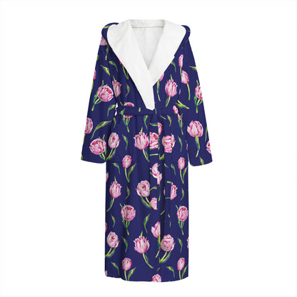 Pink Watercolor Tulip Flower Print Hooded Bathrobe