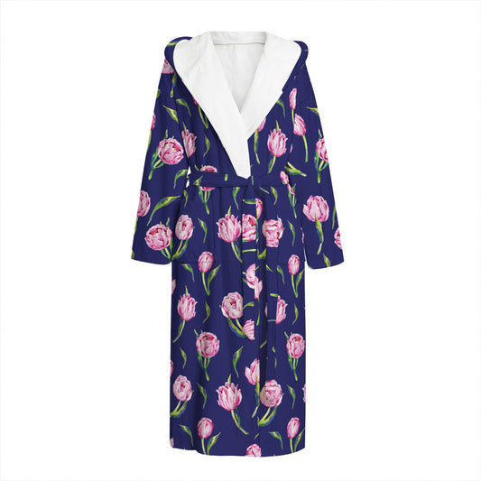 Pink Watercolor Tulip Flower Print Hooded Bathrobe