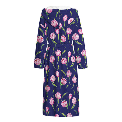 Pink Watercolor Tulip Flower Print Hooded Bathrobe