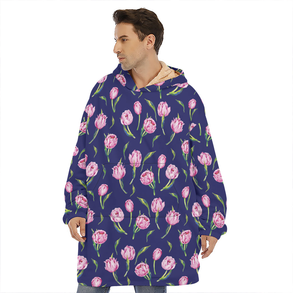 Pink Watercolor Tulip Flower Print Hoodie Blanket