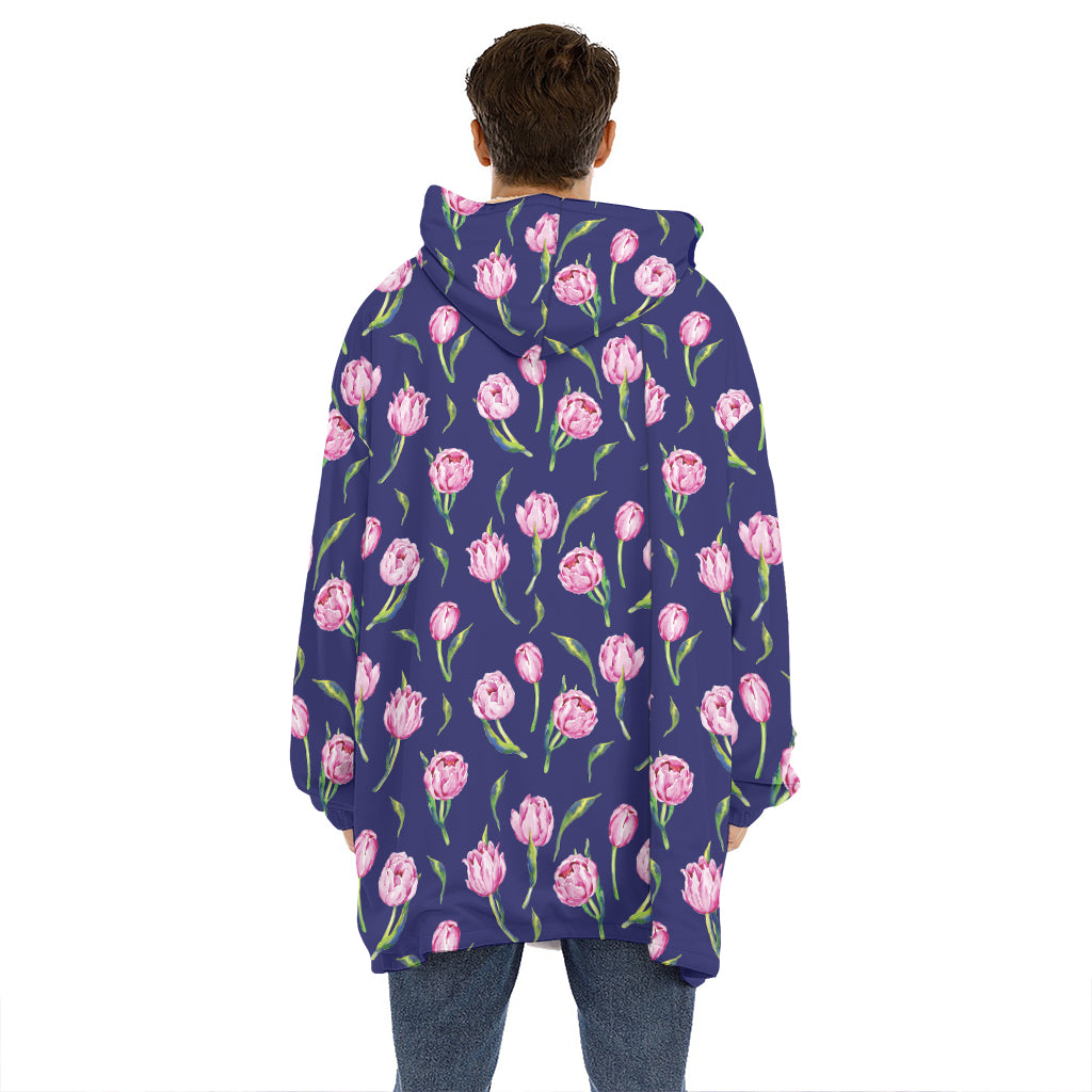 Pink Watercolor Tulip Flower Print Hoodie Blanket