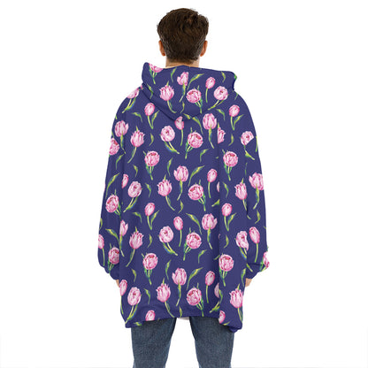 Pink Watercolor Tulip Flower Print Hoodie Blanket